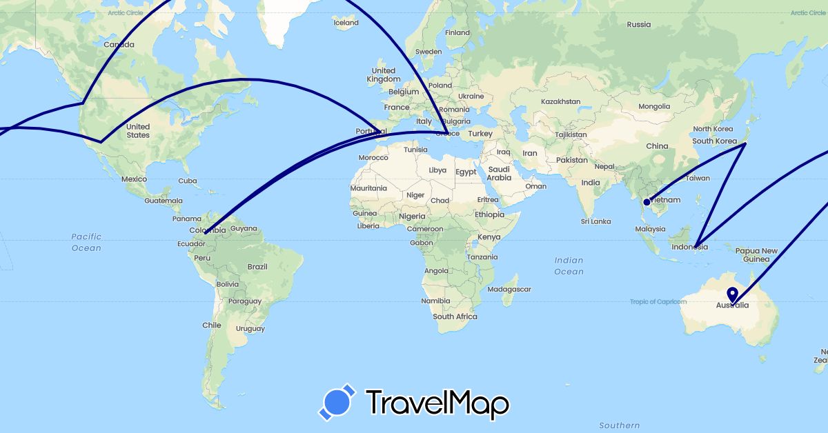 TravelMap itinerary: driving in Australia, Colombia, Spain, Greece, Indonesia, Japan, Thailand, United States (Asia, Europe, North America, Oceania, South America)